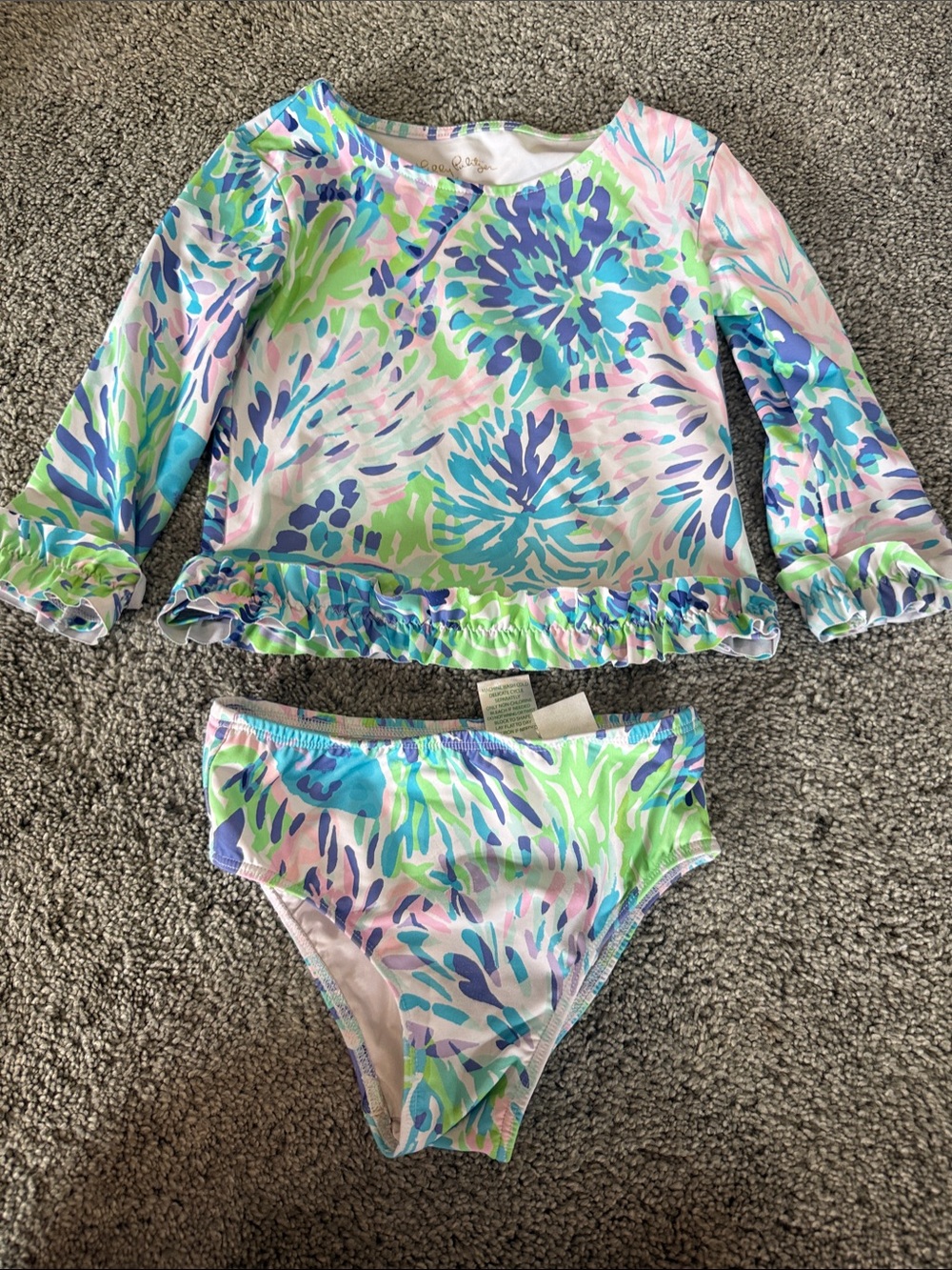 Lilly Pulitzer Girls Floral Ruffle Rashguard Set in Blue, Green & Pink